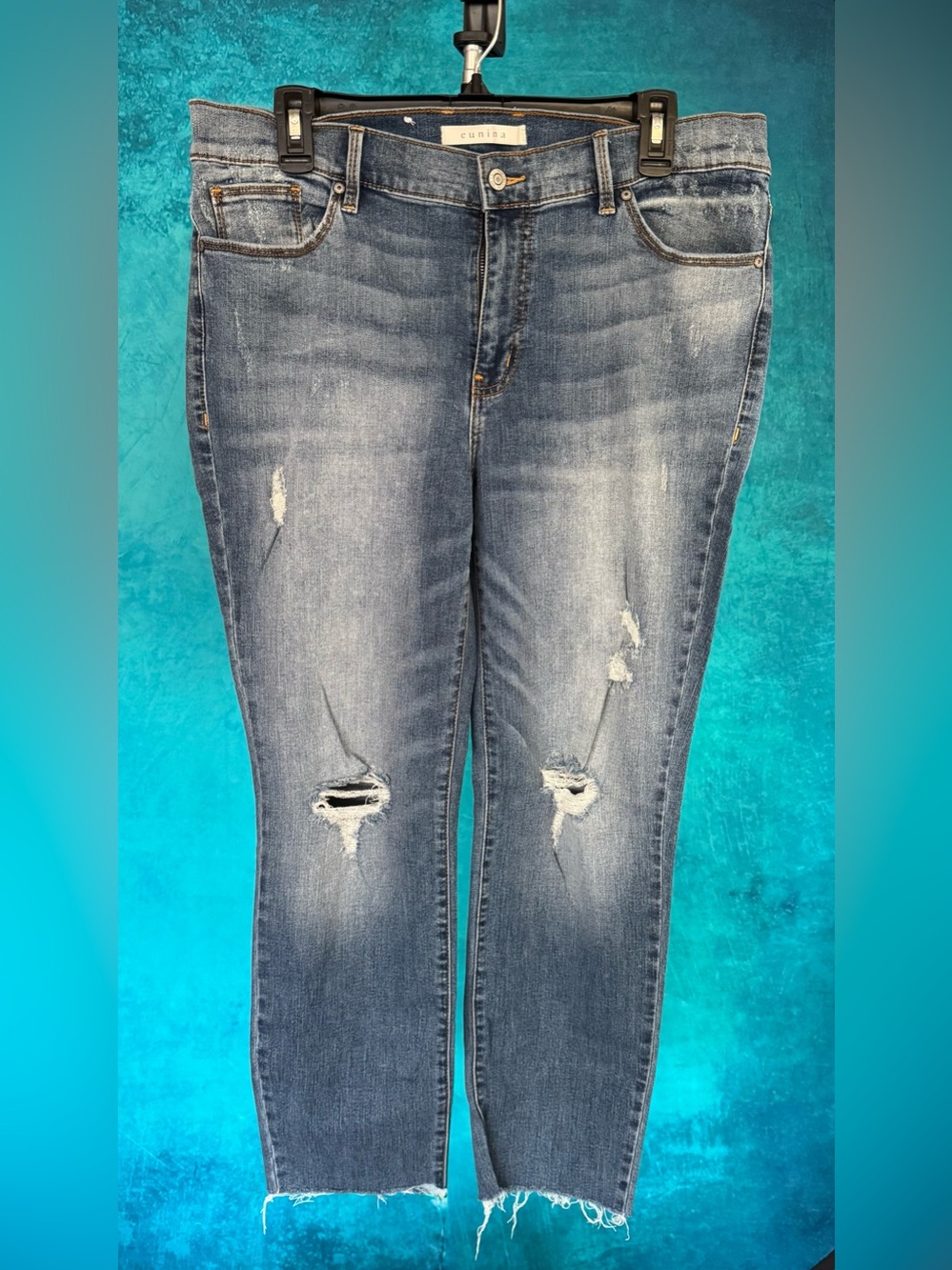 Women's Eunina distressed Jeans in Medium Blue Wash with raw hem - size 1X